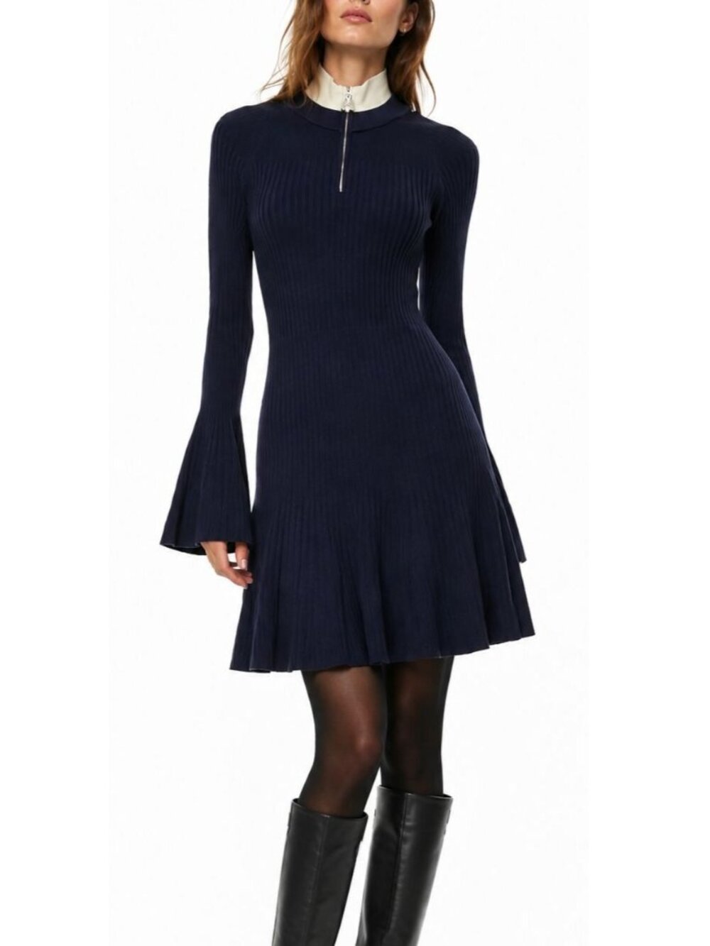 Sandro Glacen Ribbed Knit Skater Dress Jewel Zip Trumpet Sleeve